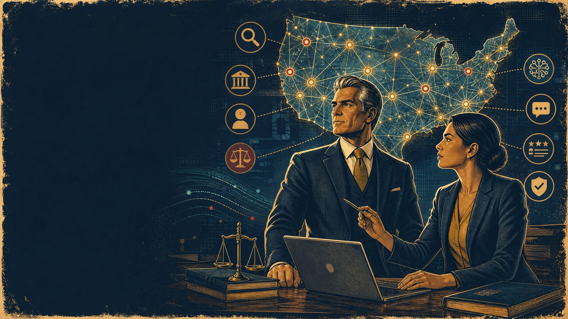Editorial illustration of legal leaders reviewing nationwide search and AI visibility signals