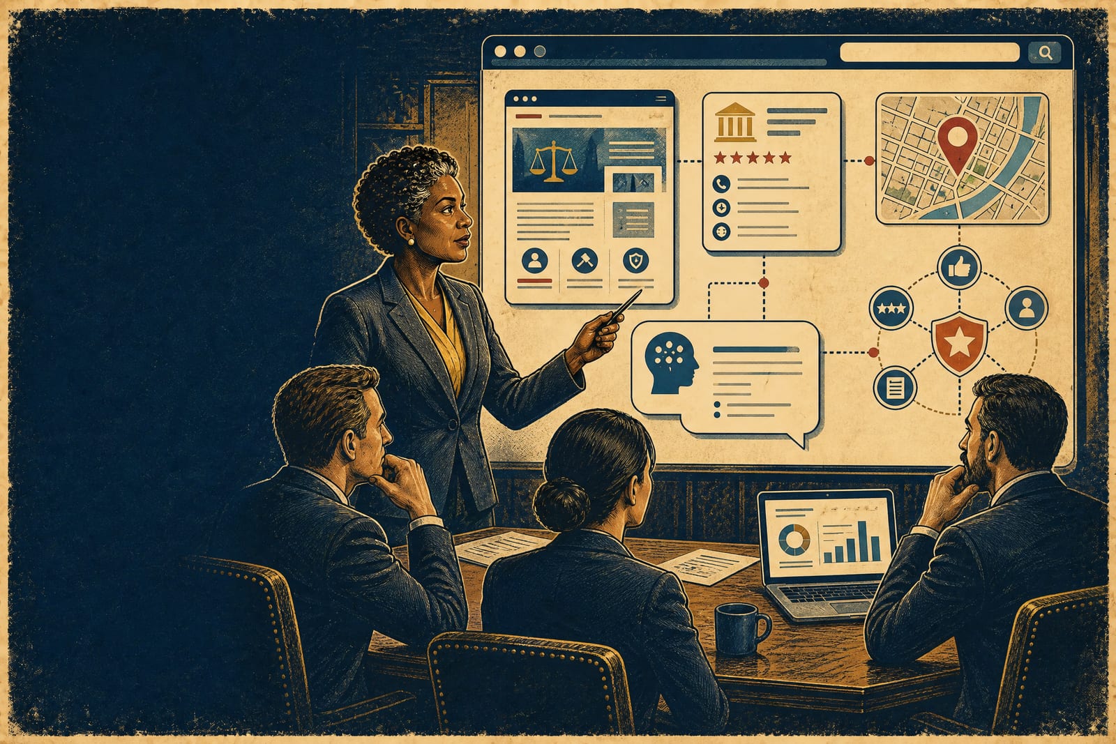 Legal leadership team reviewing search, directory, and AI visibility signals