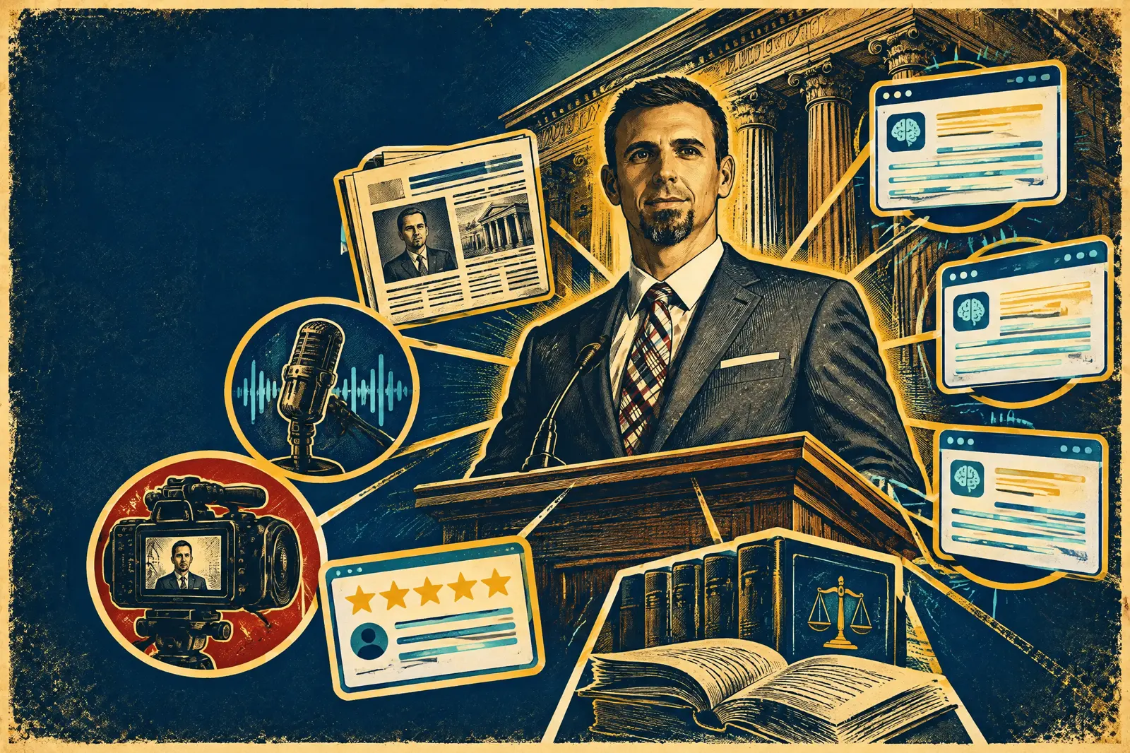 Vintage illustration of a personal injury lawyer connected to AI citations, reviews, video, and media